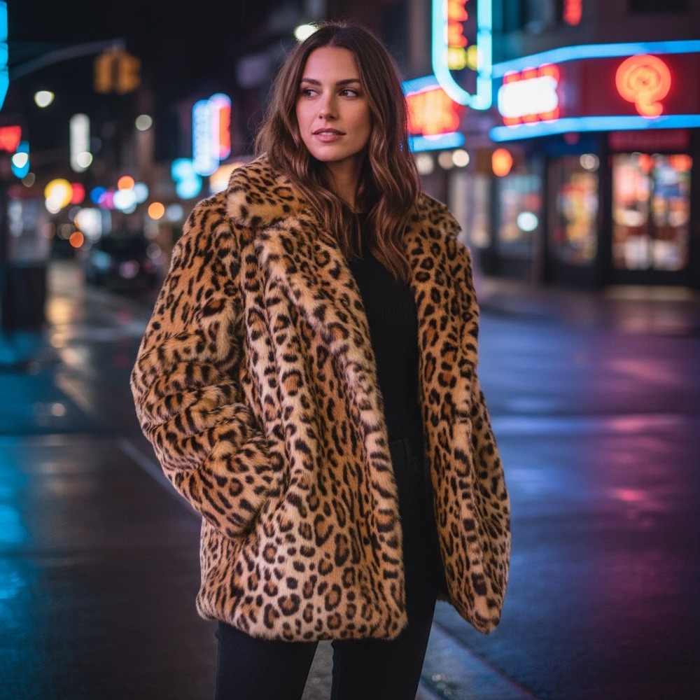 ASOS Womens Leopard‎ Print Faux Fur Coat Animal Print Jacket Brown US 24